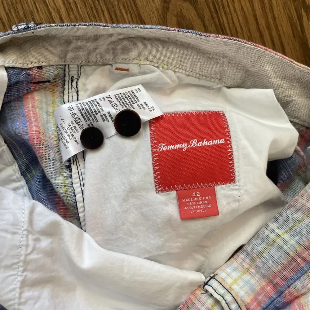 Tommy Bahama Mens Shorts Size 42 Multicolor Plaid Linen Tencel Blend Beach